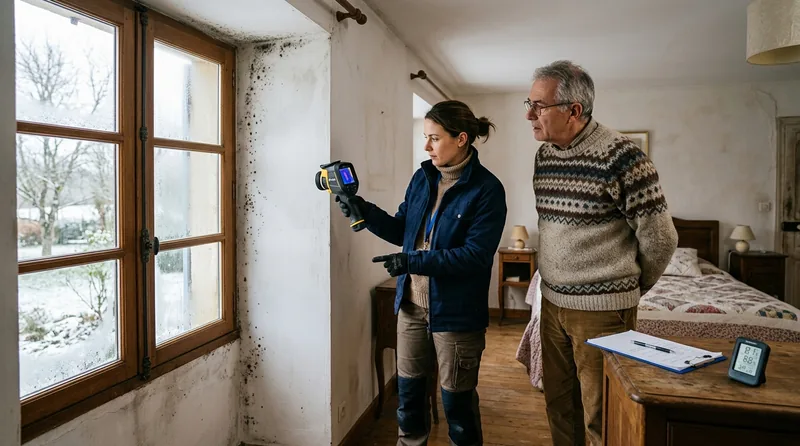 Spécialiste mesurant l'humidité d'un mur dans le Aude